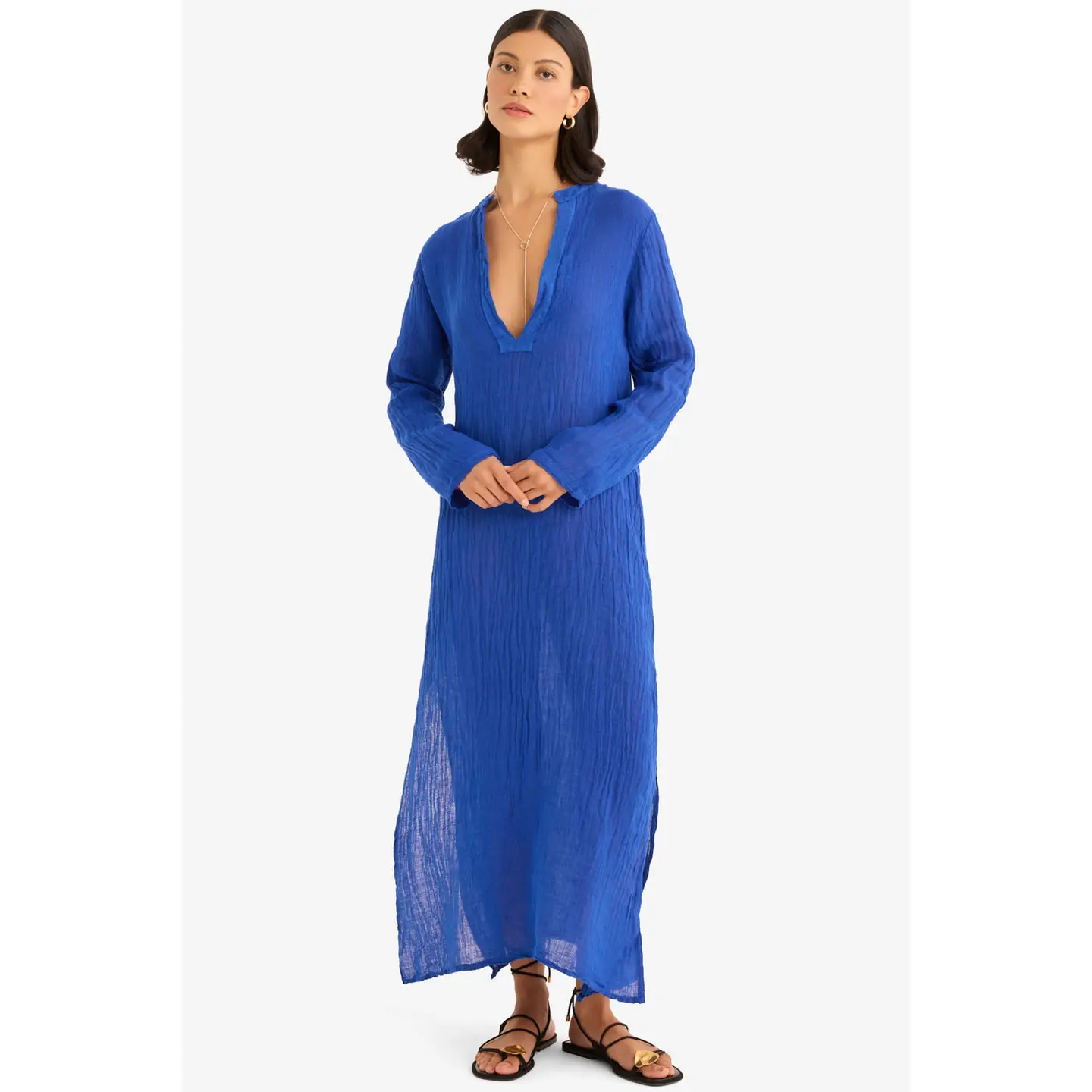 knee length dresses for ladies Black Linen Boho Maxi Dress Embroidered Fashion Kaftan L / Blue-White / Floor main image 1